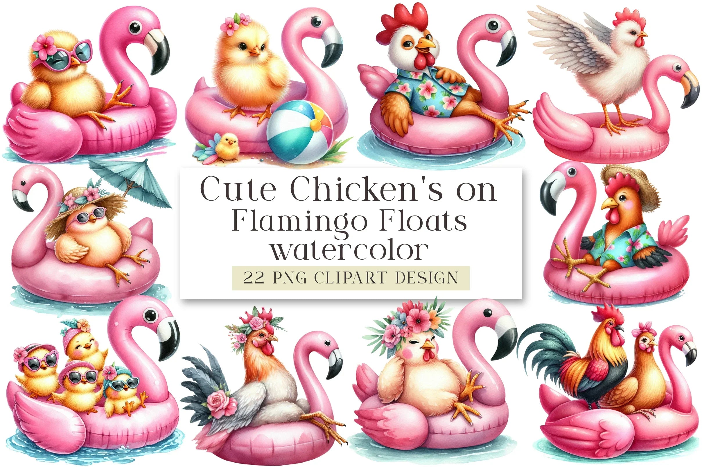 Cute Chickens on Flamingo Floats Clipart Bundle - CraftNest - Digital Crafting and Art