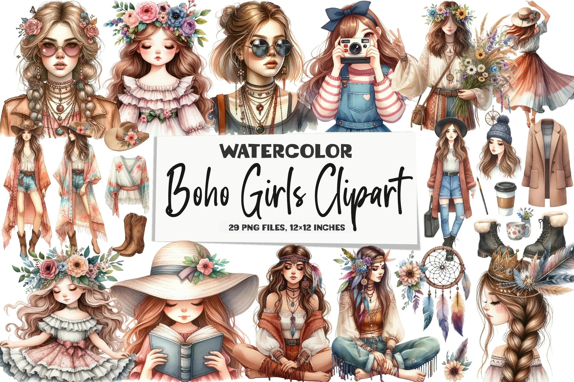 Boho Girls Clipart Bundle - CraftNest - Digital Crafting and Art