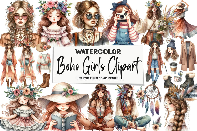 Boho Girls Clipart Bundle - CraftNest - Digital Crafting and Art