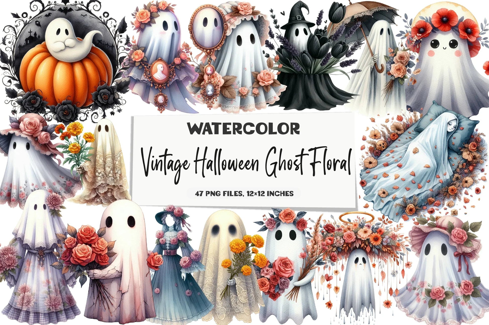 Vintage Halloween Ghost Floral Clipart Bundle - CraftNest - Digital Crafting and Art