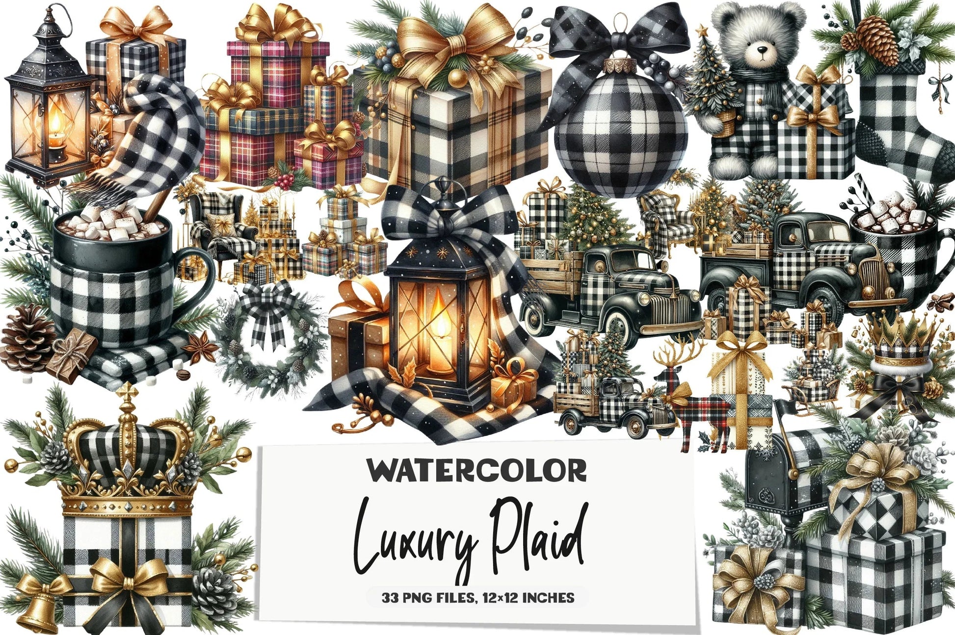 Luxury Plaid Black & White Christmas Clipart Bundle - CraftNest - Digital Crafting and Art