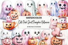 Cute Pink Ghost Pumpkin Halloween Clipart Bundle - CraftNest - Digital Crafting and Art