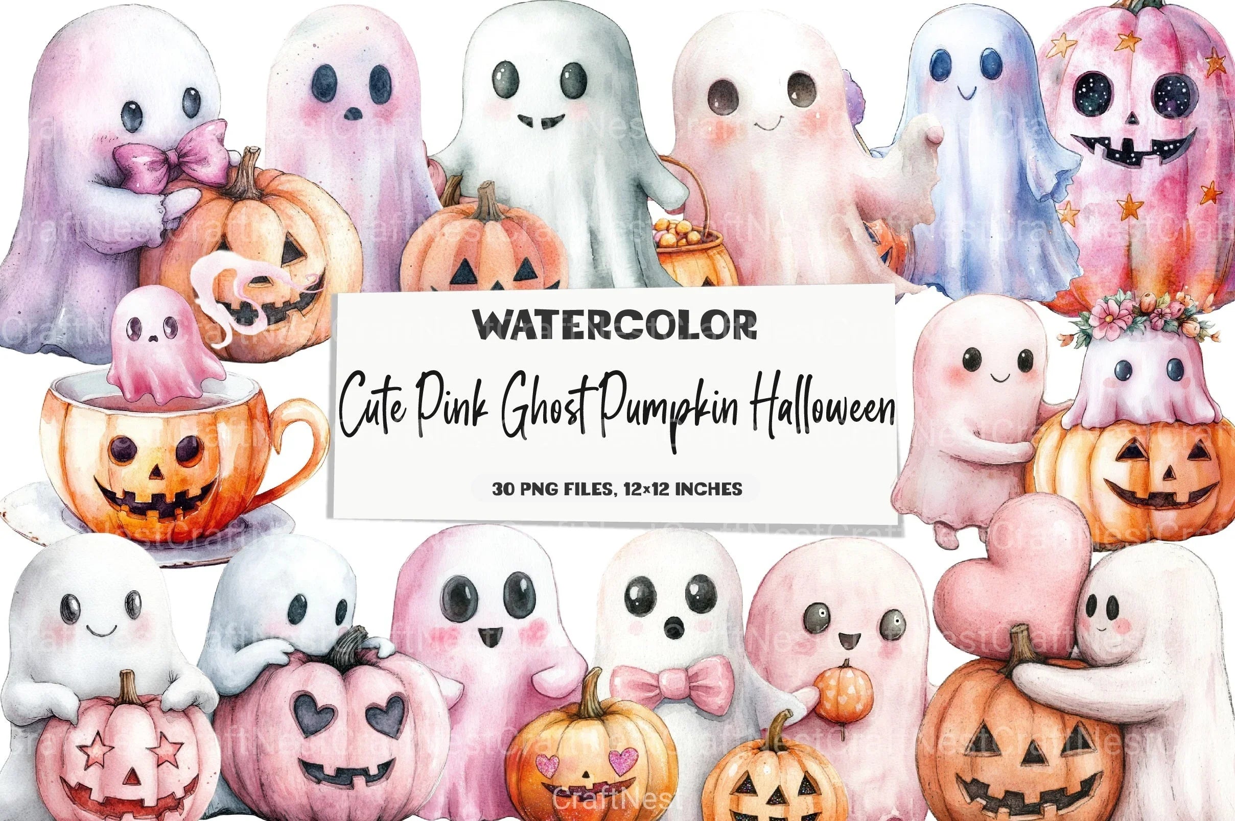 Cute Pink Ghost Pumpkin Halloween Clipart Bundle - CraftNest - Digital Crafting and Art