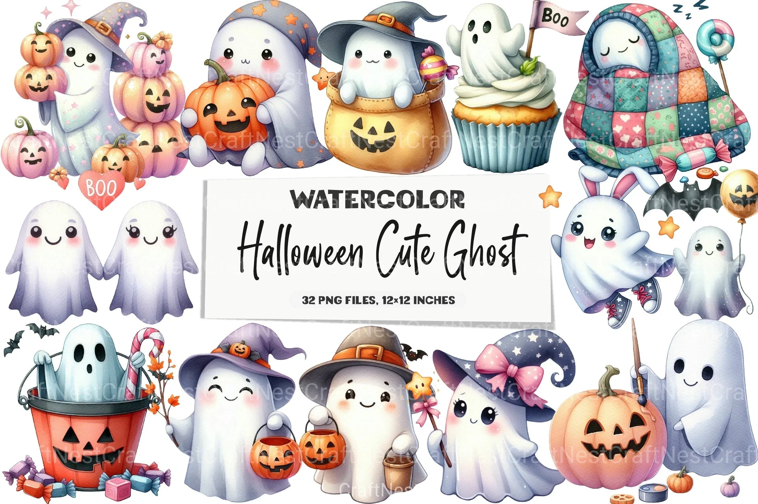Halloween Cute Ghost Clipart Bundle 99 - CraftNest - Digital Crafting and Art