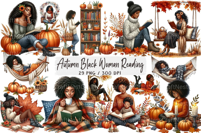 Autumn Black Woman Reading Clipart Bundle - CraftNest - Digital Crafting and Art