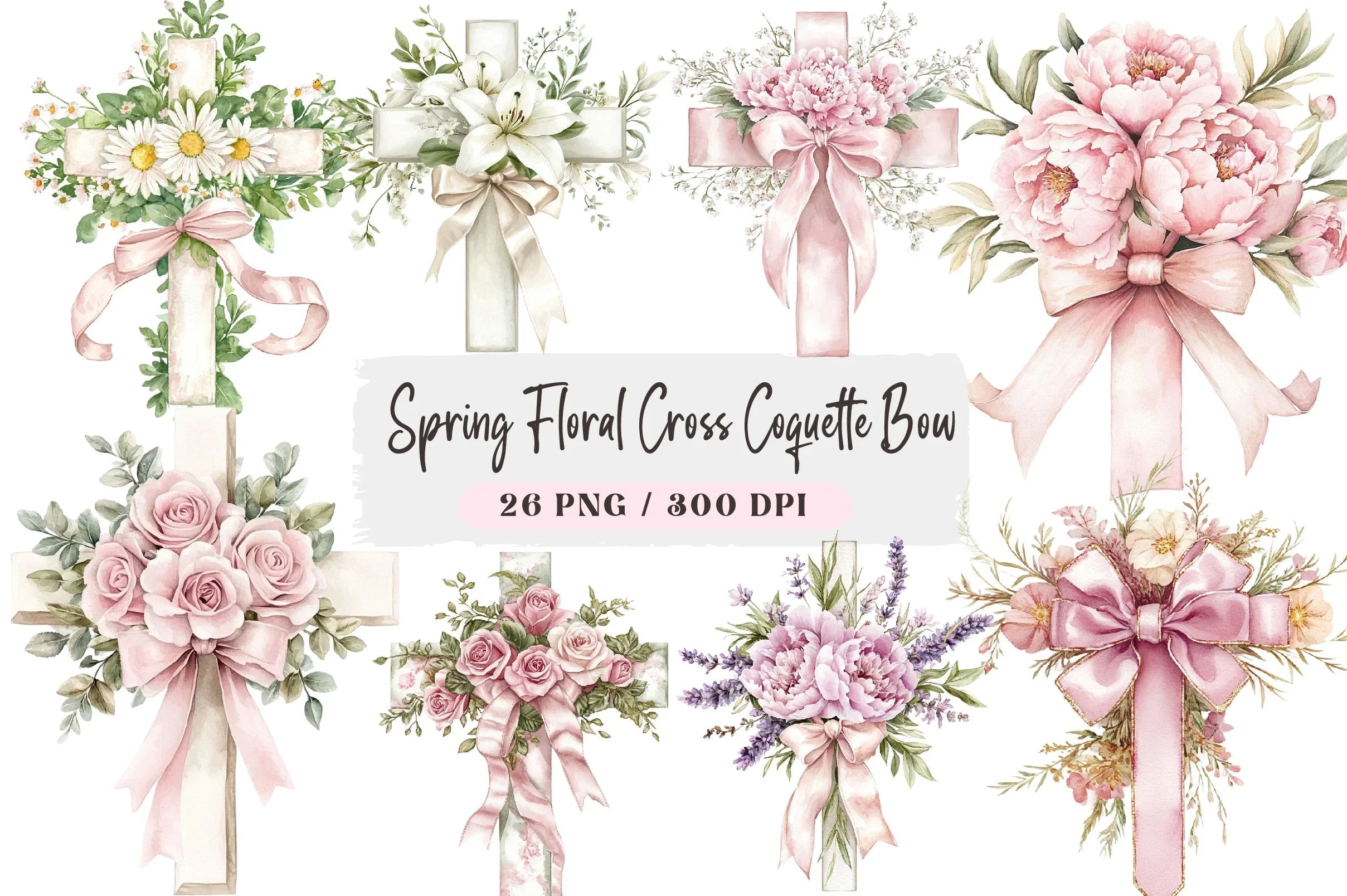 Spring Floral Cross Coquette Bow Clipart Bundle - CraftNest - Digital Crafting and Art