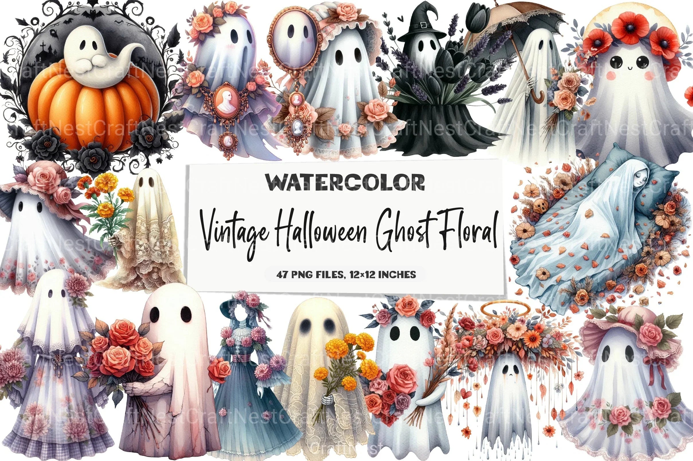 Vintage Halloween Ghost Floral Clipart Bundle - CraftNest - Digital Crafting and Art