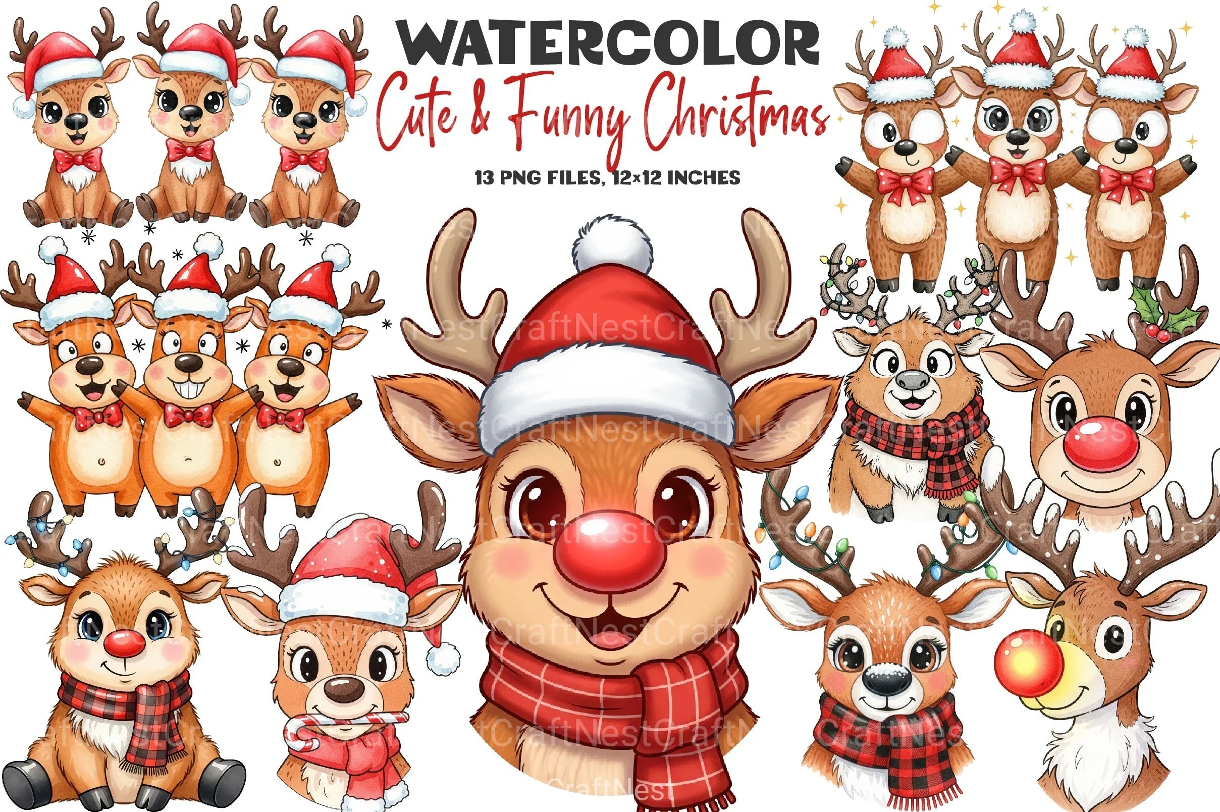 Cute & Funny Christmas Reindeer Clipart Bundle - CraftNest - Digital Crafting and Art