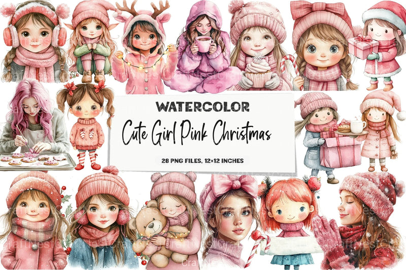 Cute Girl Pink Christmas Clipart Bundle - CraftNest - Digital Crafting and Art