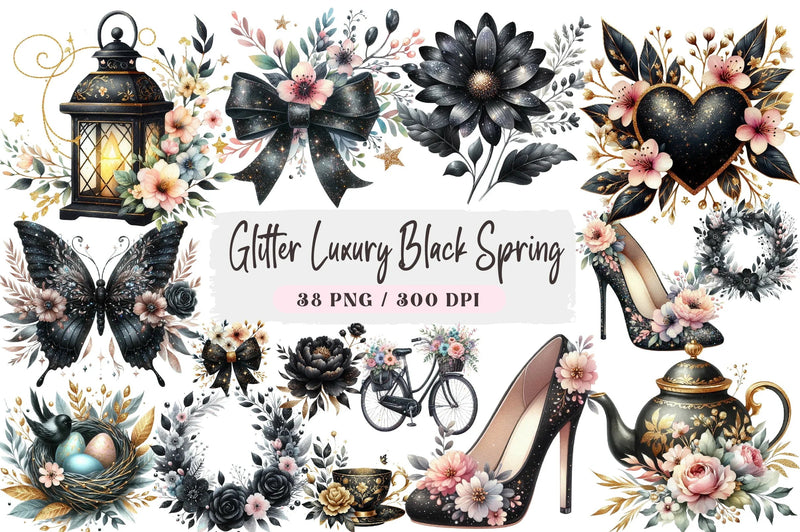 Glitter Luxury Black Spring Clipart Bundle - CraftNest - Digital Crafting and Art