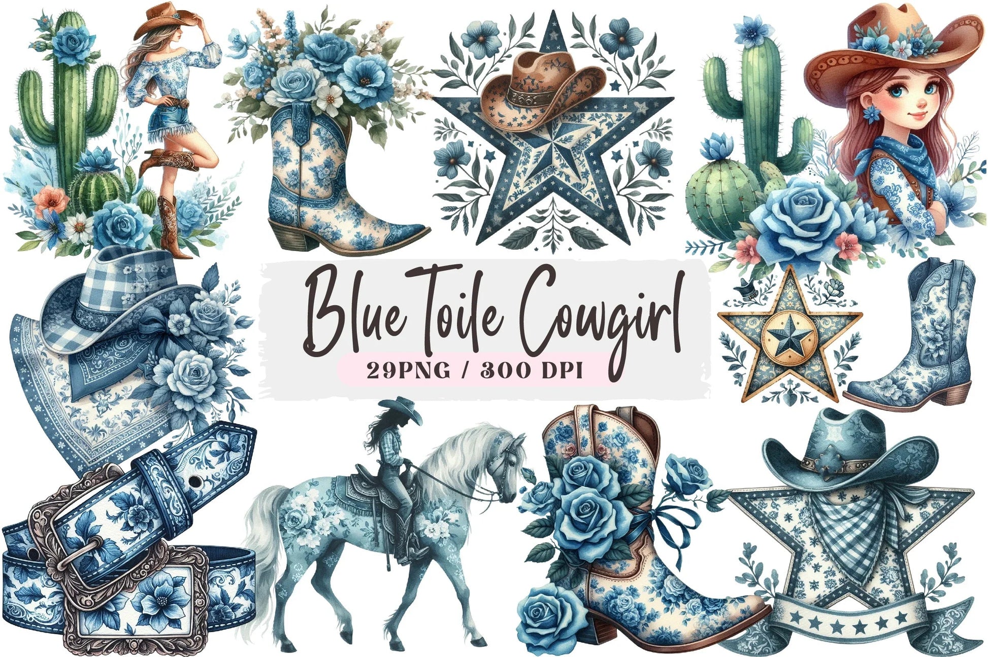 Blue Toile Cowgirl Clipart Bundle - CraftNest - Digital Crafting and Art