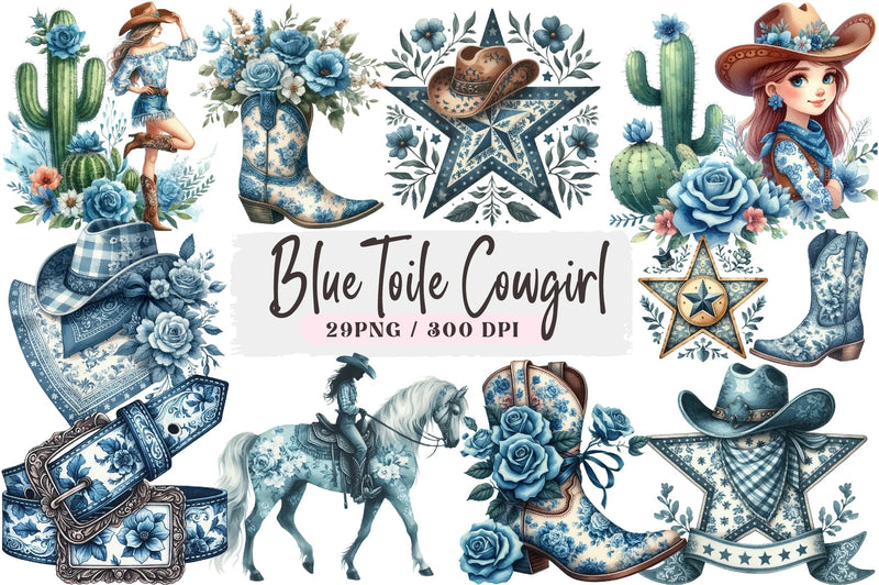 Blue Toile Cowgirl Clipart Bundle - CraftNest - Digital Crafting and Art