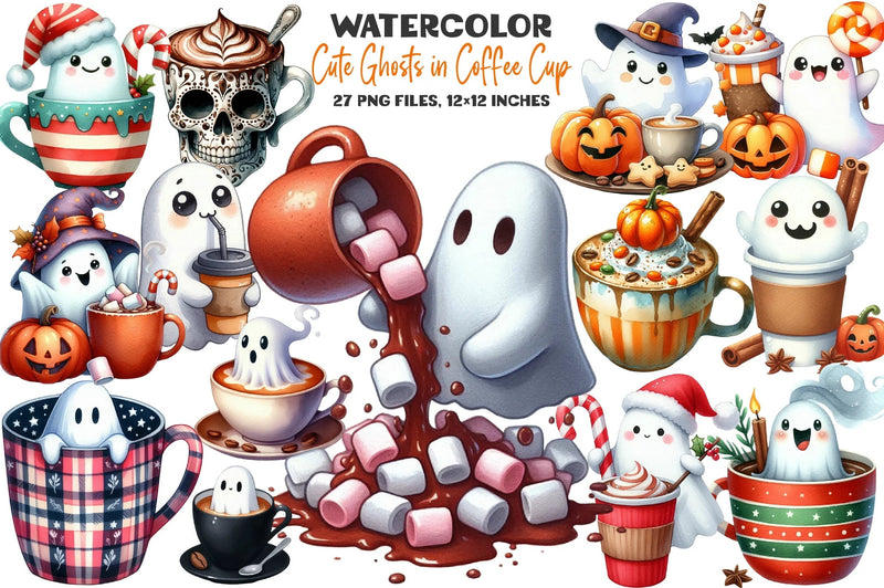 Cute Ghosts in Coffee Cup Halloween Clipart Bundle - CraftNest - Digital Crafting and Art