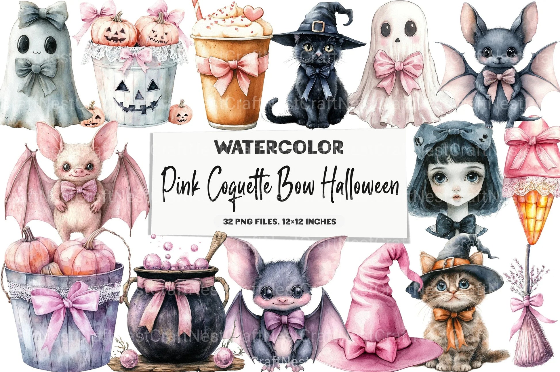 Pink Coquette Bow Halloween Clipart Bundle - CraftNest - Digital Crafting and Art