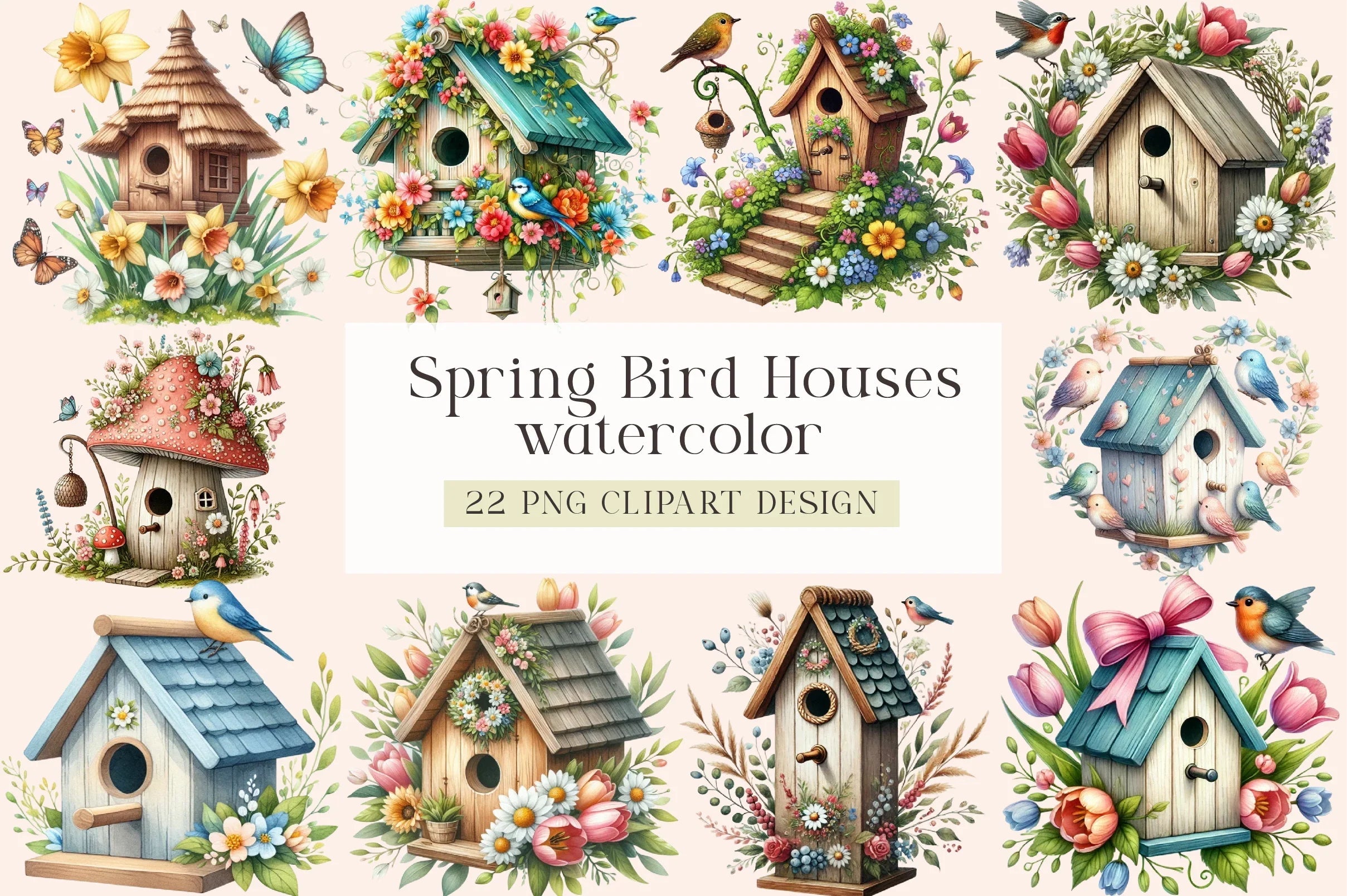 Spring Bird Houses Clipart Bundle - CraftNest - Digital Crafting and Art