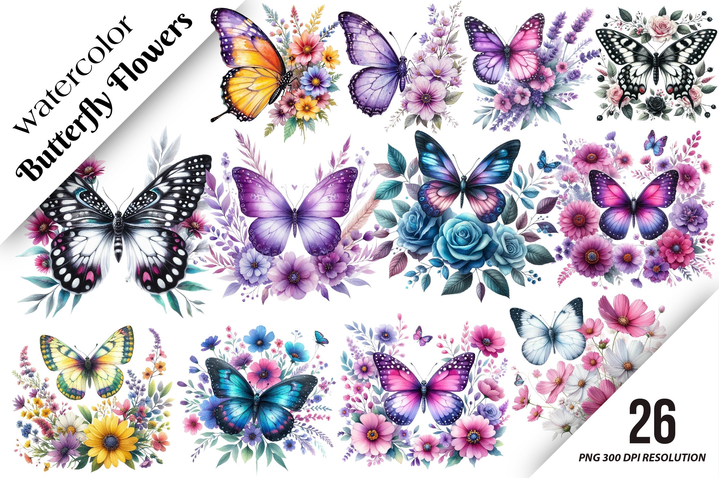 Butterfly Flowers Clipart Bundle