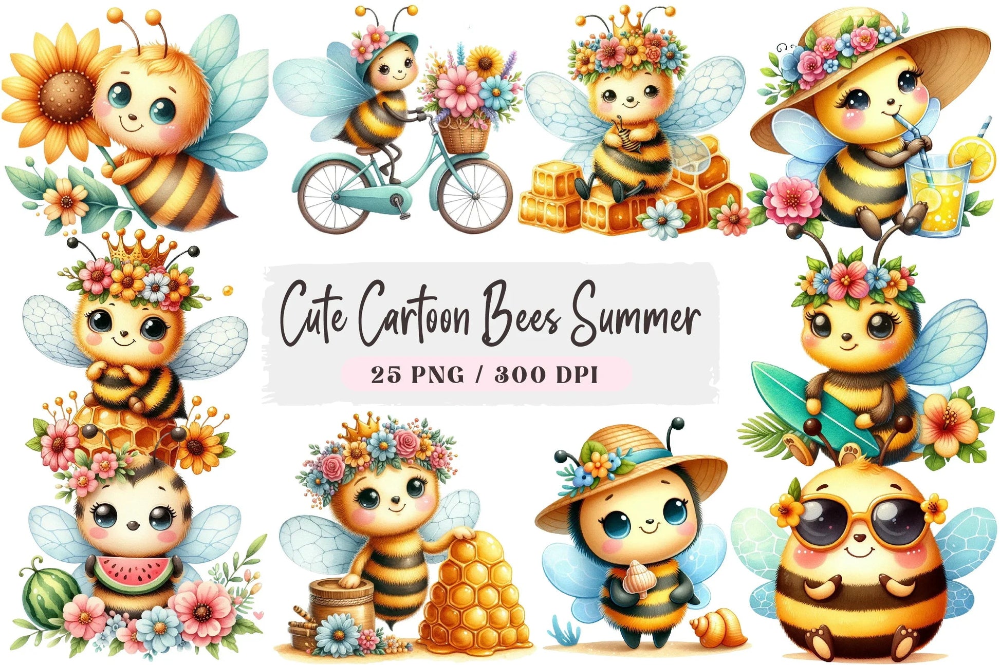 Cute Cartoon Bees Summer Clipart Bundle - CraftNest - Digital Crafting and Art