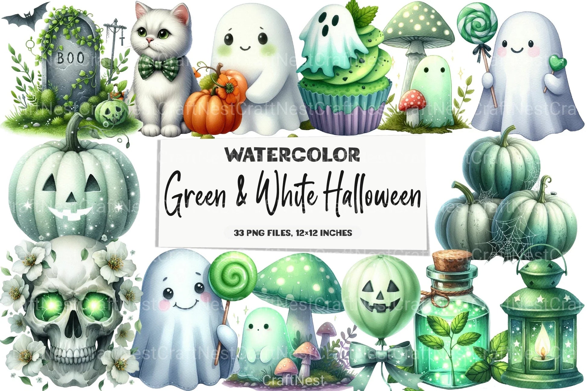 Green & White Halloween Clipart Bundle 2 - CraftNest - Digital Crafting and Art