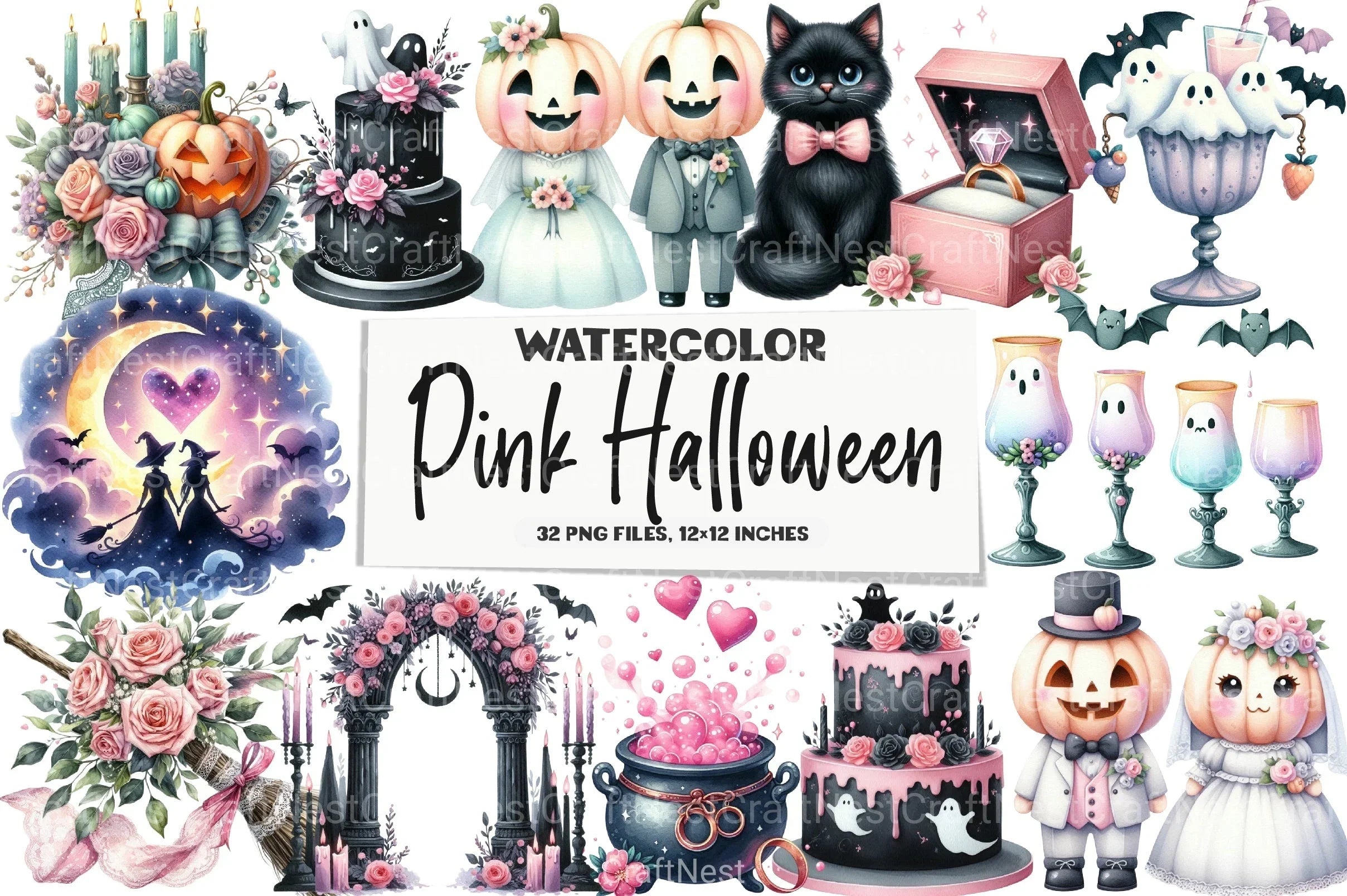 Pink Halloween Witch Wedding Clipart Bundle 17 - CraftNest - Digital Crafting and Art