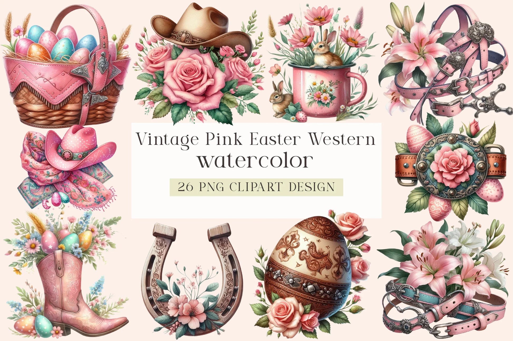 Vintage Pink Easter Western Clipart Bundle - CraftNest - Digital Crafting and Art