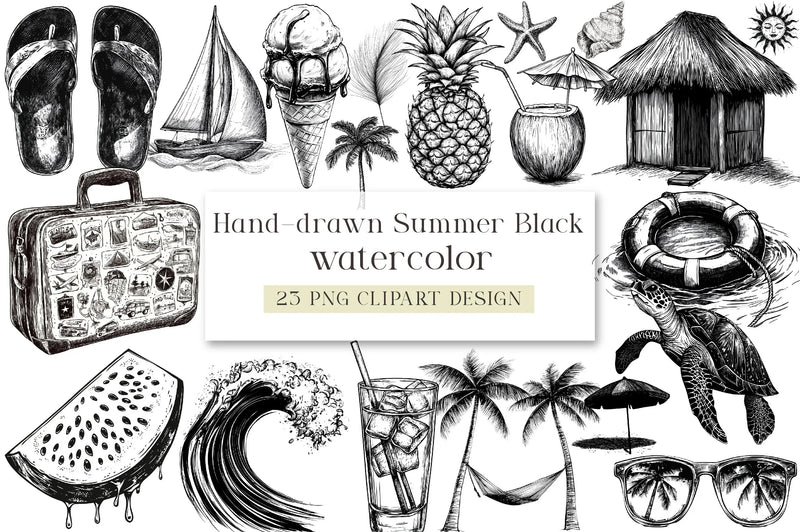 Hand Drawn Summer Black Clipart Bundle - CraftNest - Digital Crafting and Art