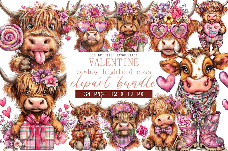 Valentine Cowboy Highland Cows Clipart Bundle - CraftNest - Digital Crafting and Art