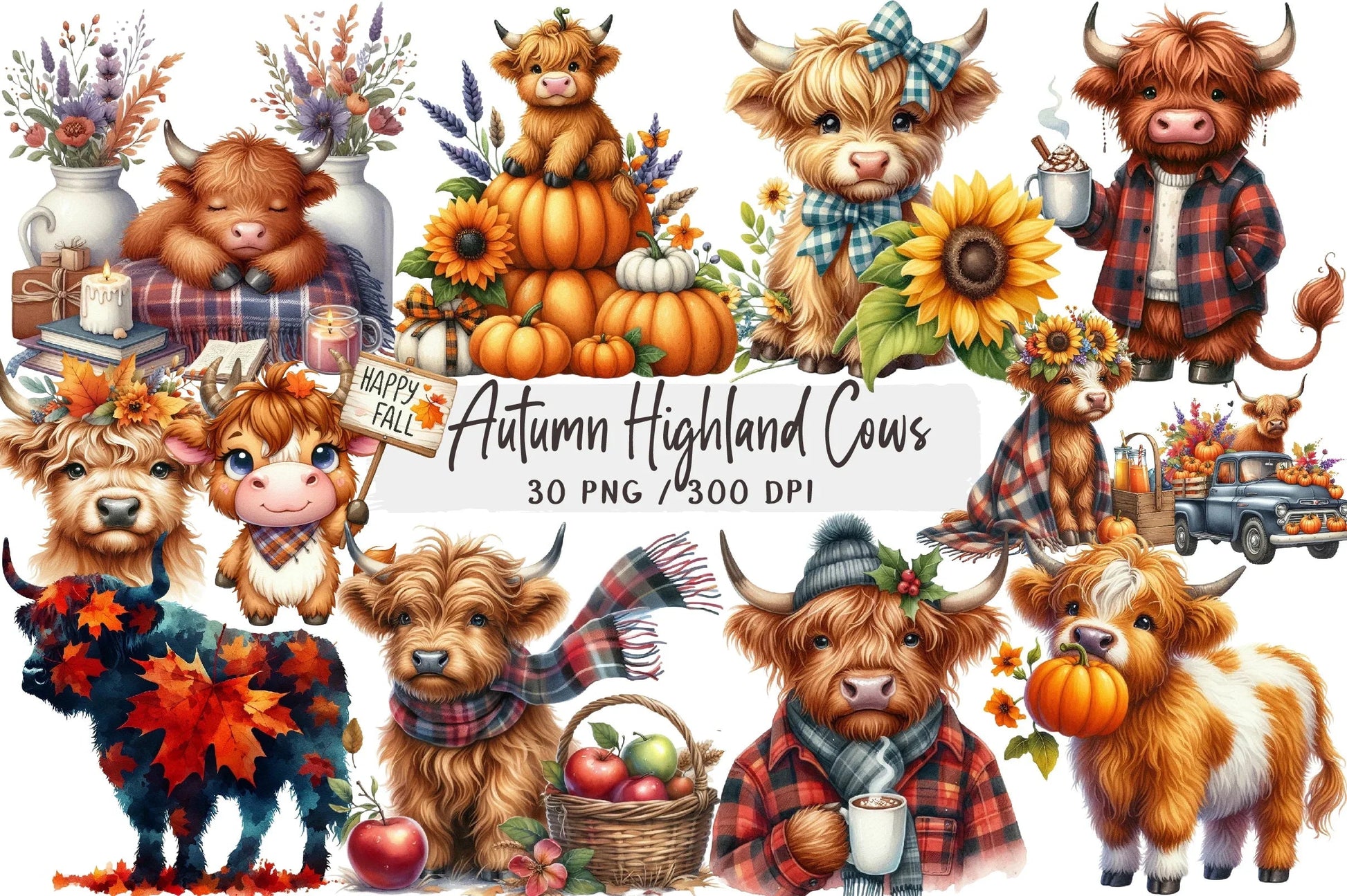 Autumn Highland Cows Clipart Bundle - CraftNest - Digital Crafting and Art