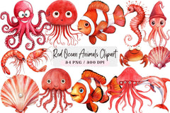 Red Ocean Animals Clipart Bundle - CraftNest - Digital Crafting and Art