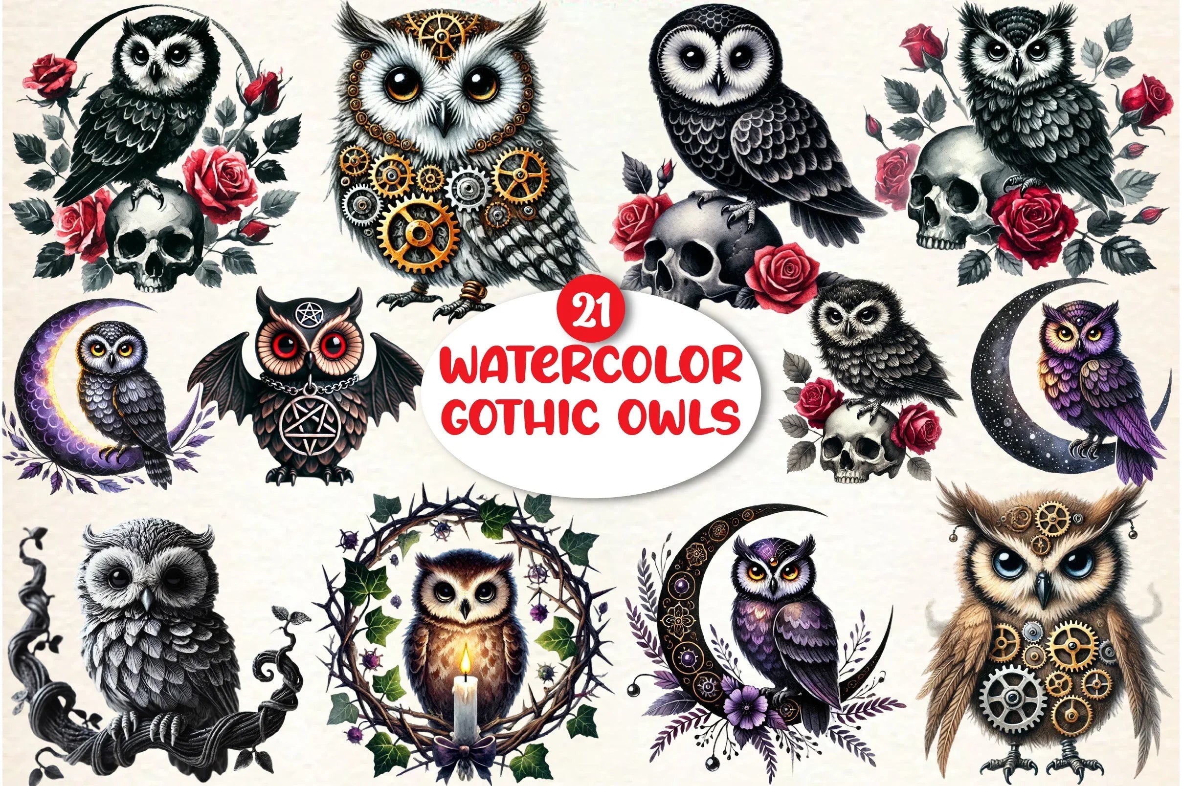 Gothic Owls Clipart Bundle - CraftNest - Digital Crafting and Art