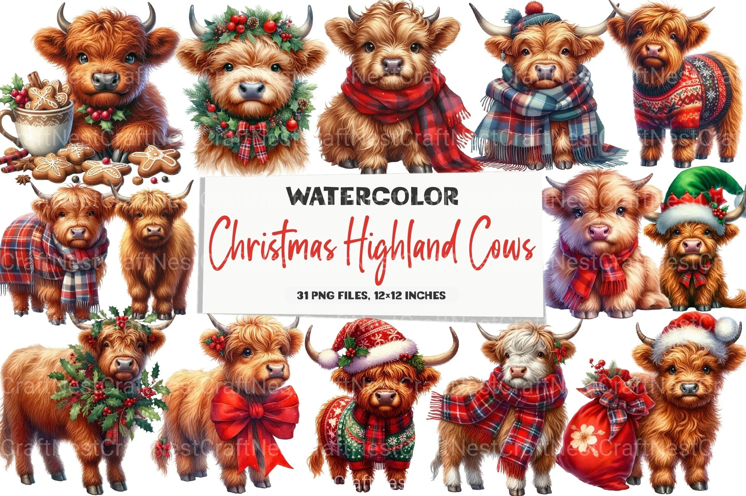 Christmas Highland Cows Clipart Bundle 34 - CraftNest - Digital Crafting and Art