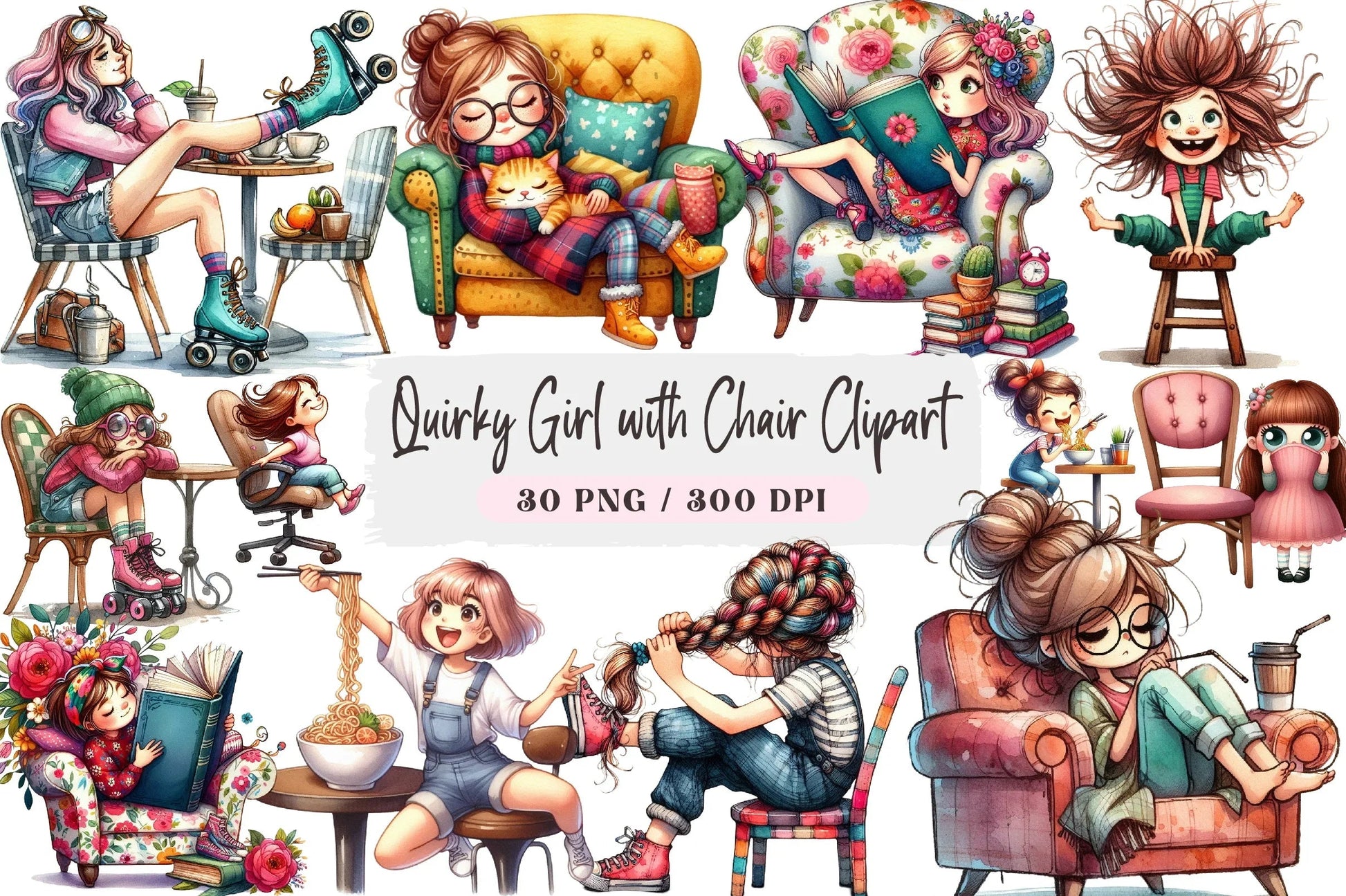 Quirky Girl with Chair Clipart Bundle - CraftNest - Digital Crafting and Art