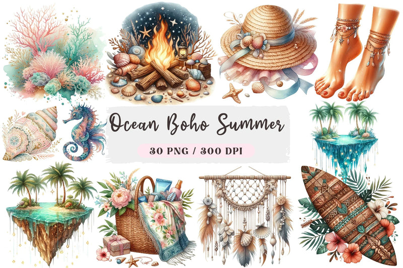 Ocean Boho Summer Clipart Bundle - CraftNest - Digital Crafting and Art