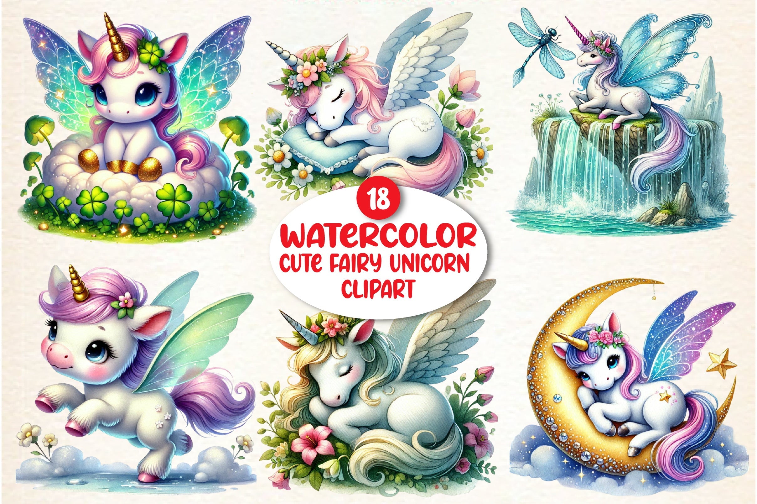 Cute Fairy Unicorn Clipart Bundle