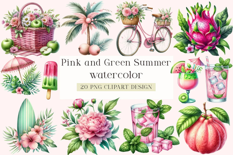 Pink and Green Summer Clipart Bundle - CraftNest - Digital Crafting and Art