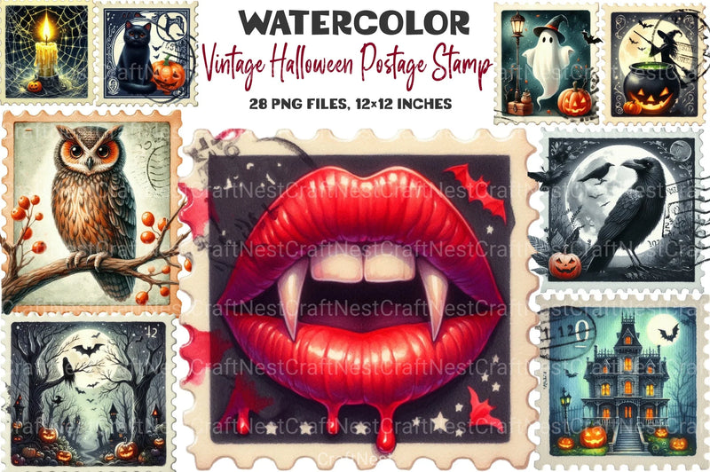 Vintage Halloween Postage Stamp Clipart Bundle - CraftNest - Digital Crafting and Art