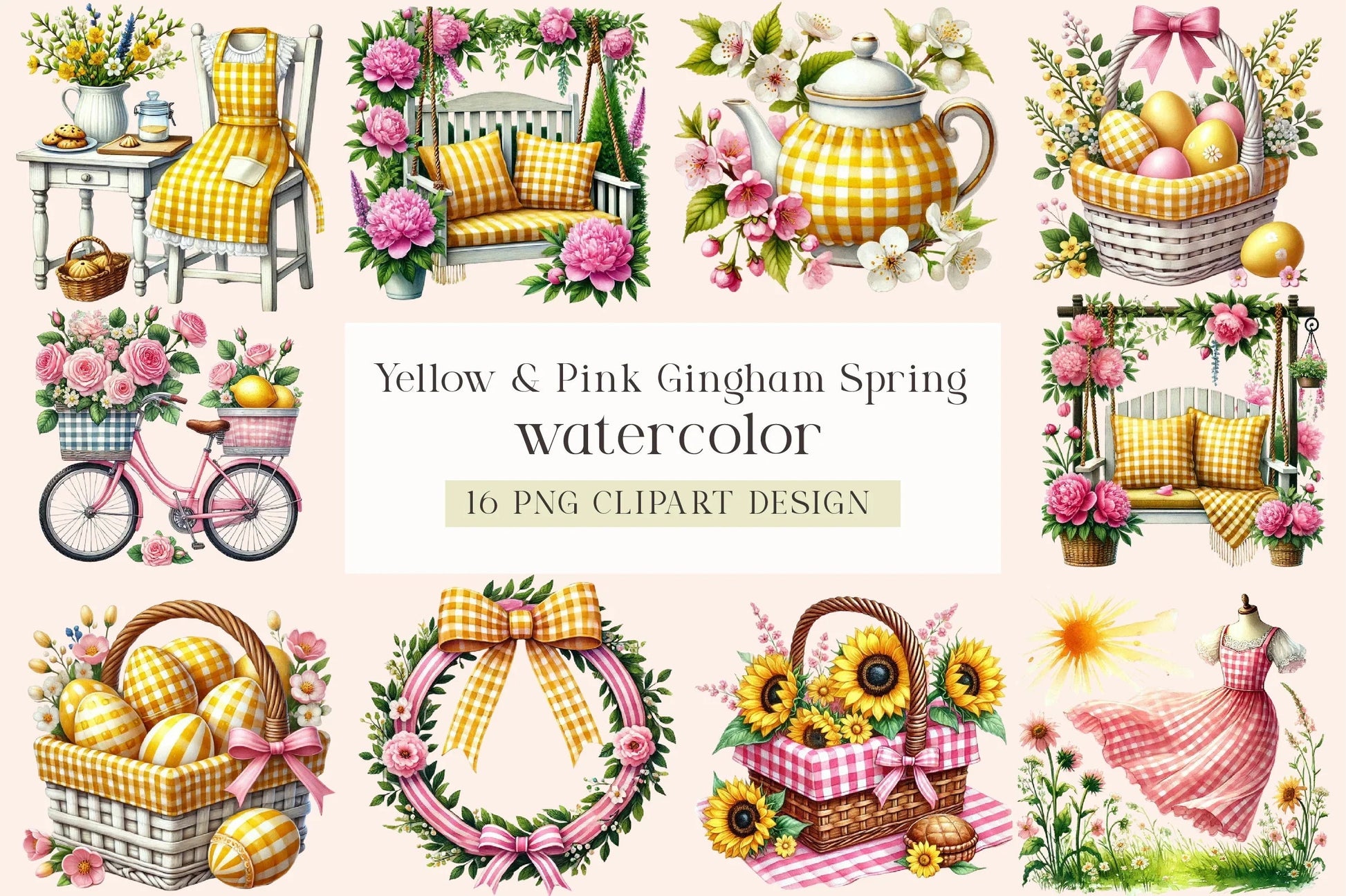 Yellow & Pink Gingham Spring Clipart Bundle - CraftNest - Digital Crafting and Art
