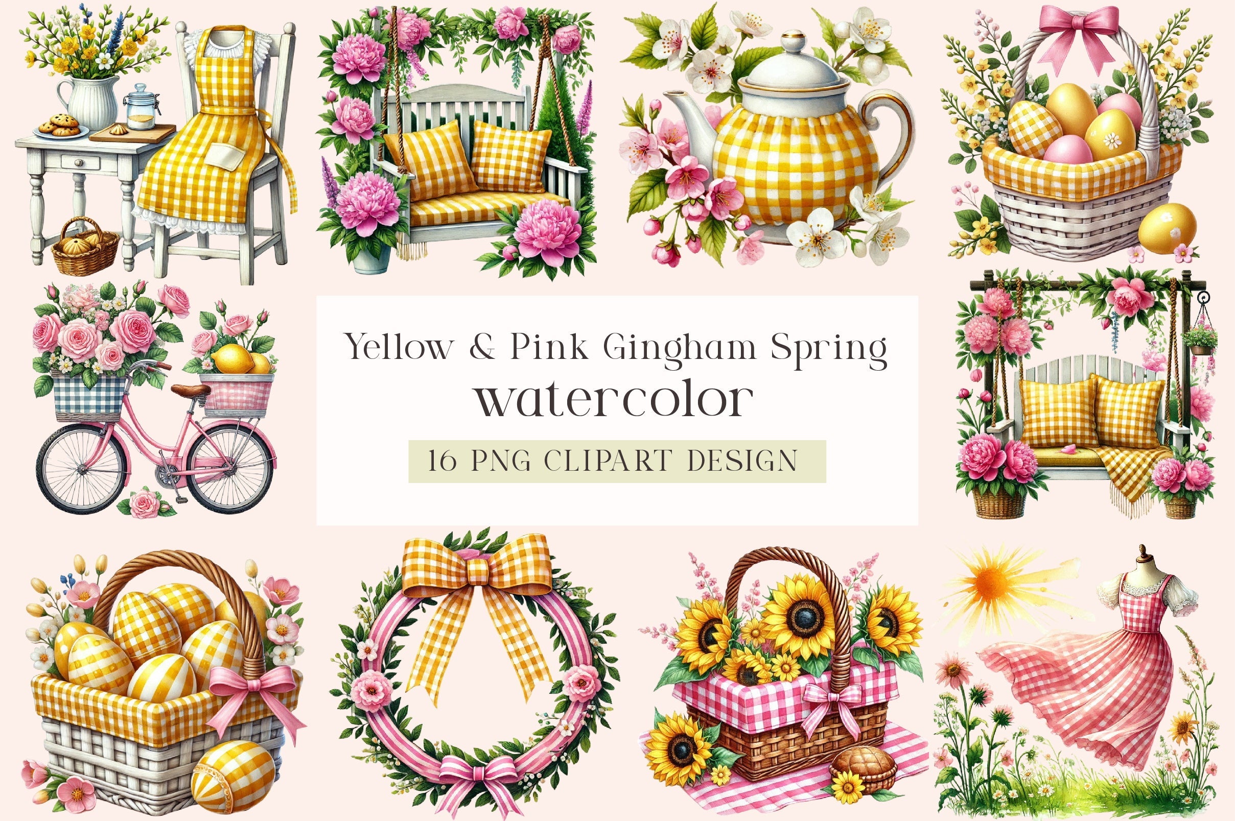 Yellow & Pink Gingham Spring Clipart Bundle