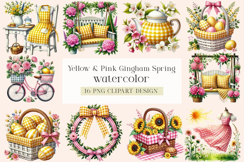 Yellow & Pink Gingham Spring Clipart Bundle - CraftNest - Digital Crafting and Art