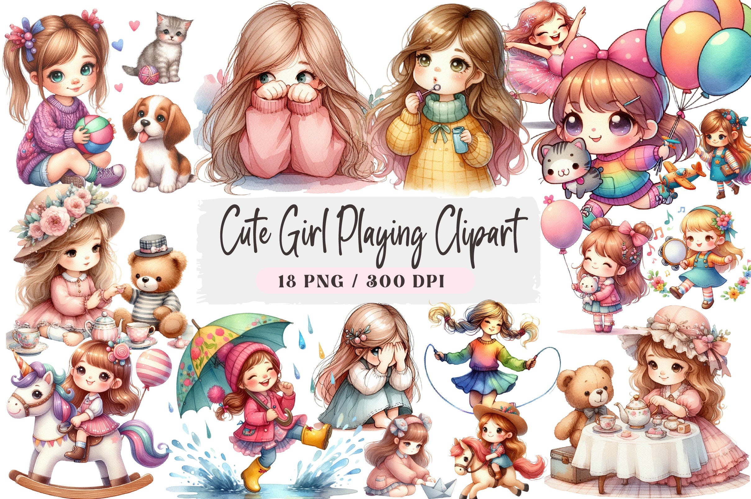 Cute Girl Playing Clipart Bundle