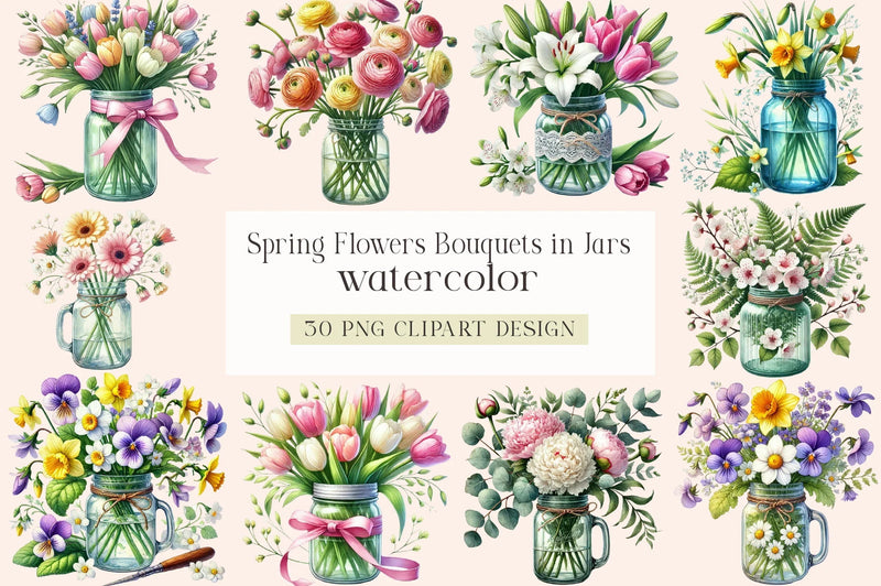 Spring Flower Bouquets in Jars Clipart Bundle - CraftNest - Digital Crafting and Art