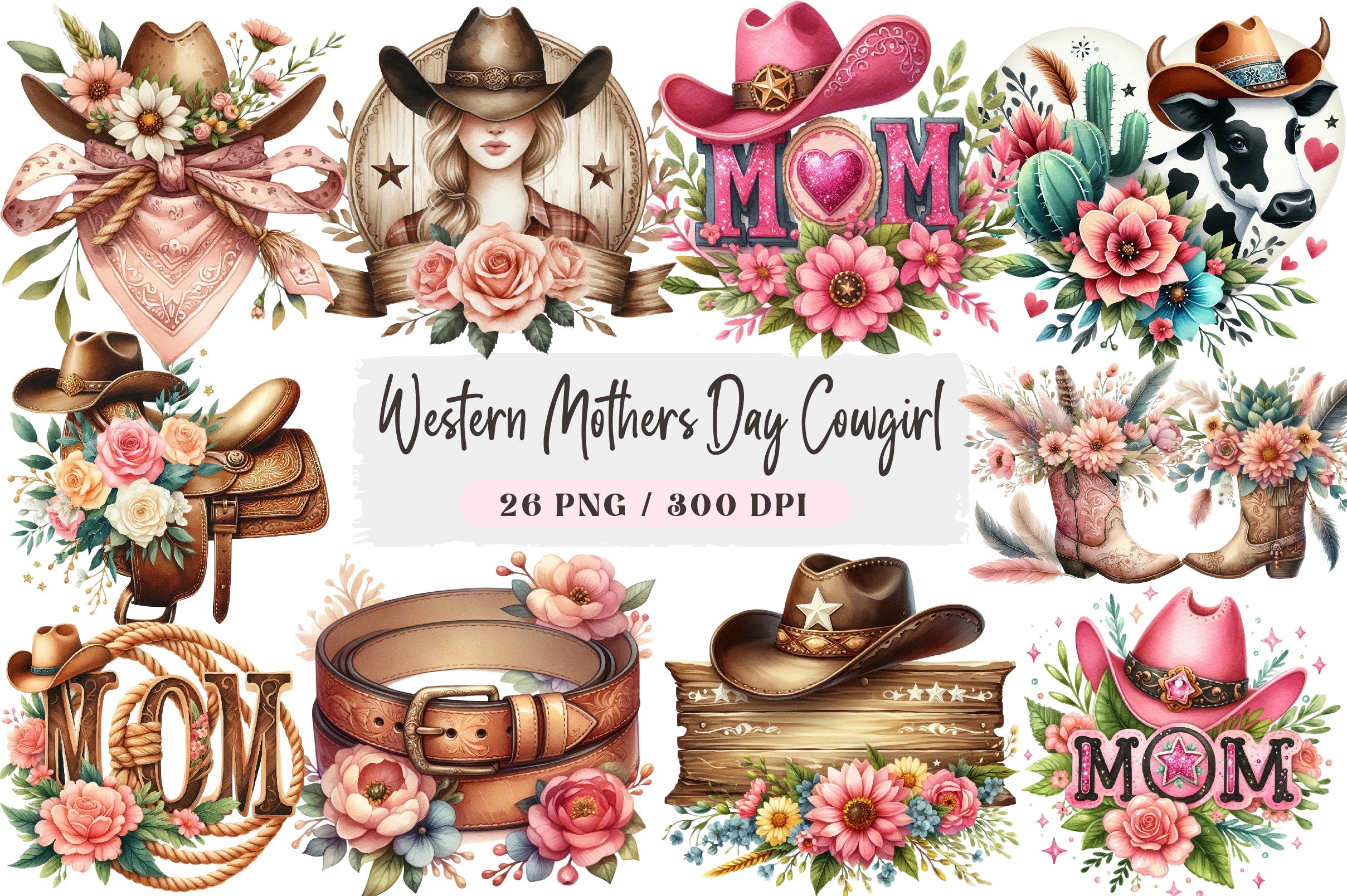 Western Cowgirl Mother's Day Clipart Bundle
