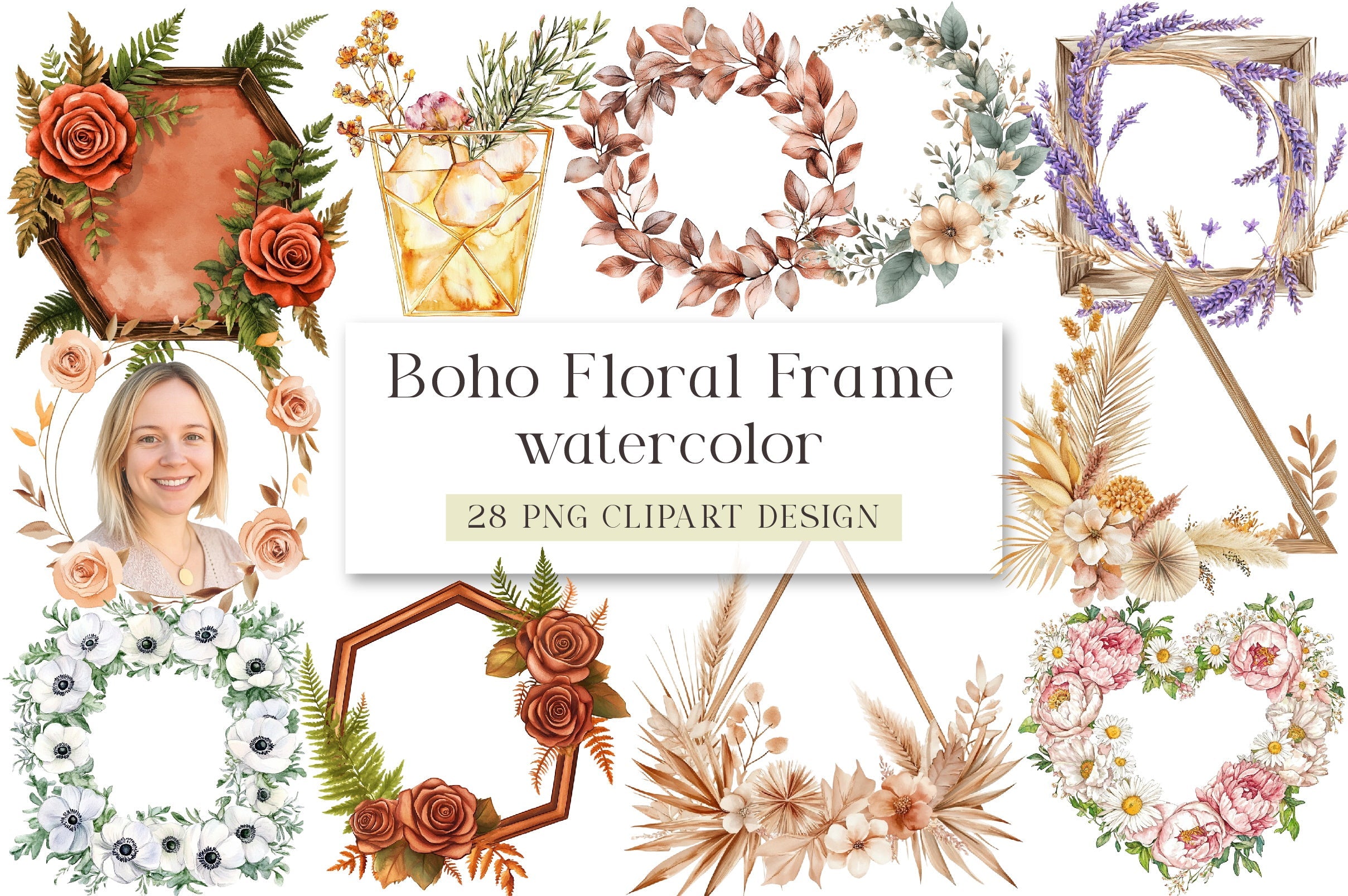 Boho Floral Frame Clipart Bundle