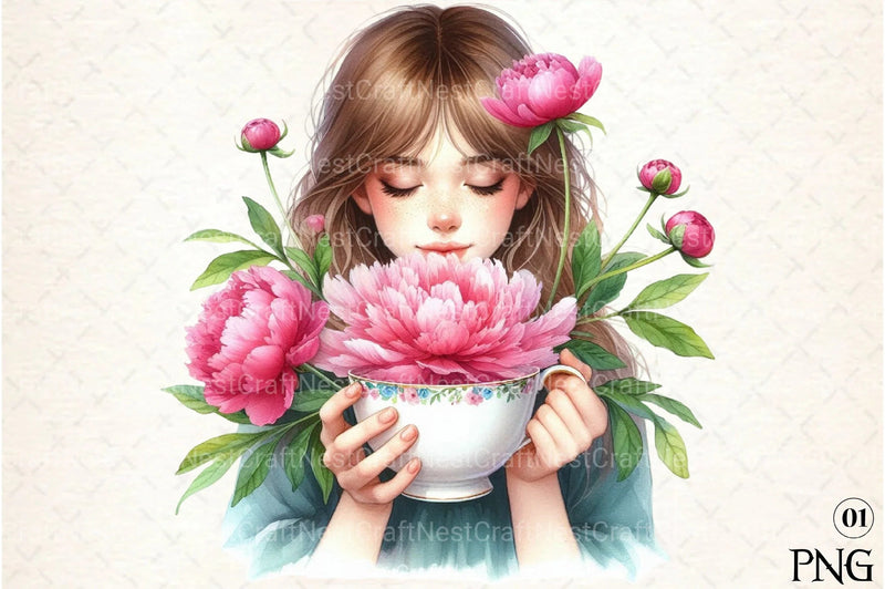 Girl with Peonies Flower Clipart Bundle 6 - CraftNest - Digital Crafting and Art