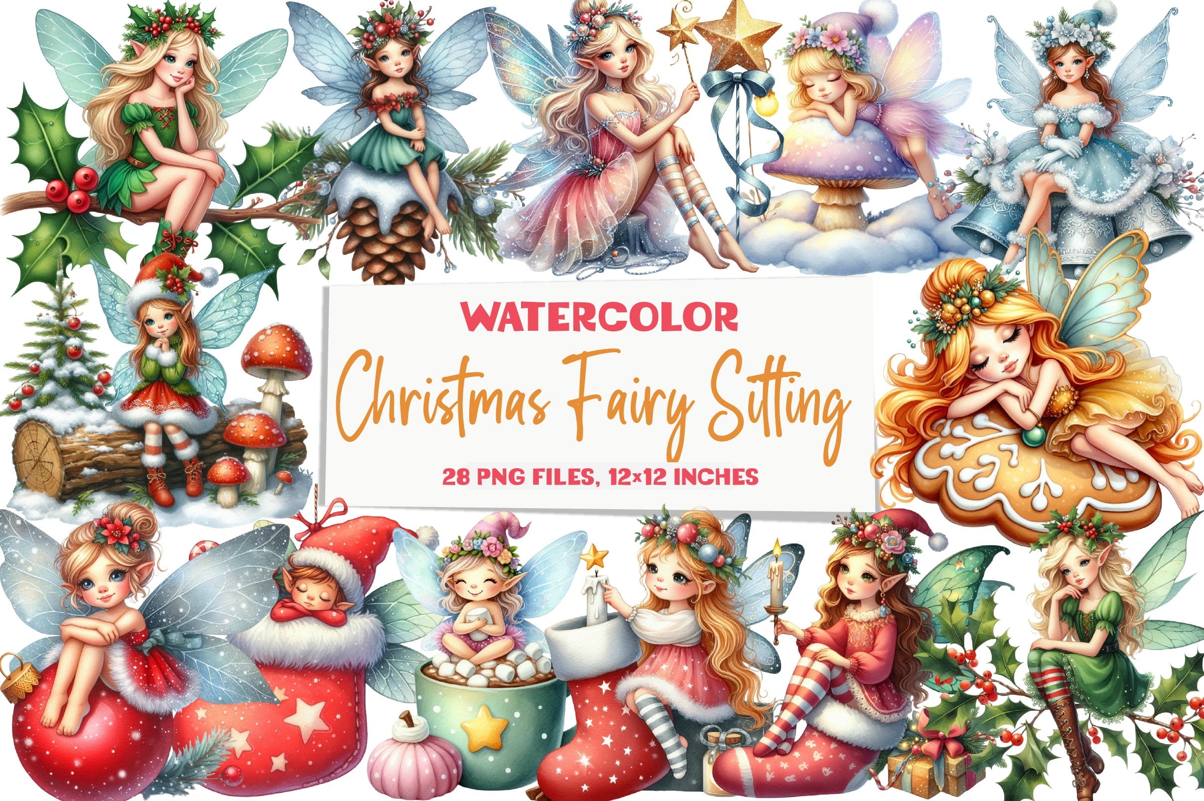 Christmas Fairy Sitting Clipart Bundle