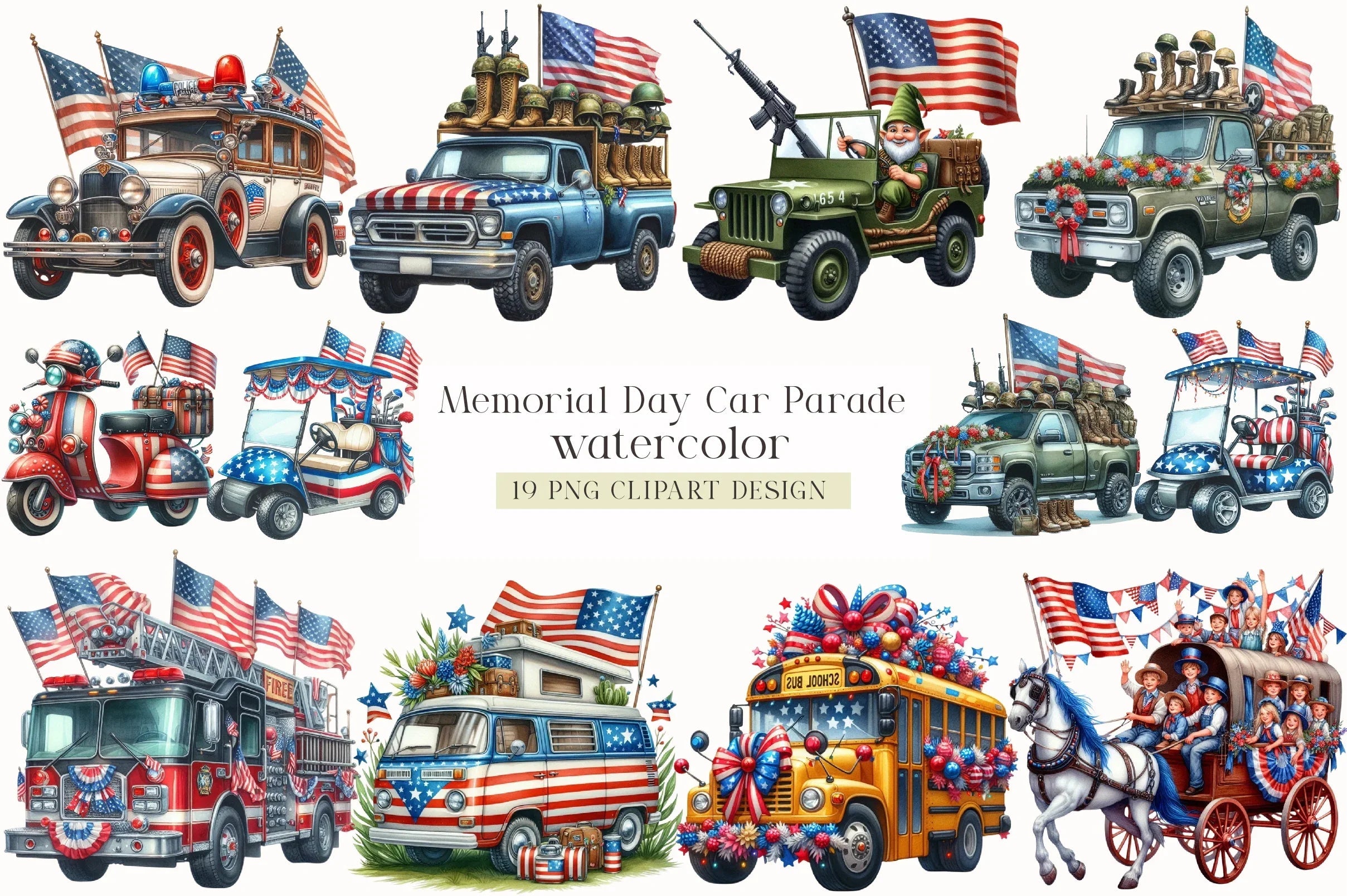 Memorial Day Car Parade Clipart Bundle - CraftNest - Digital Crafting and Art