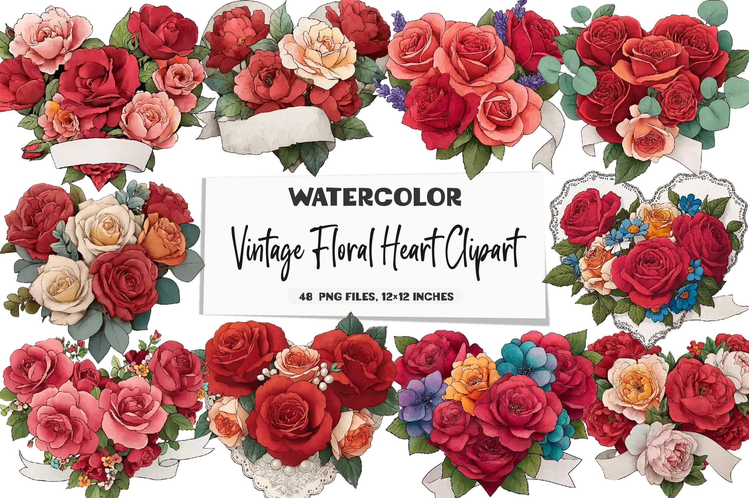Vintage Floral Heart Clipart Bundle
