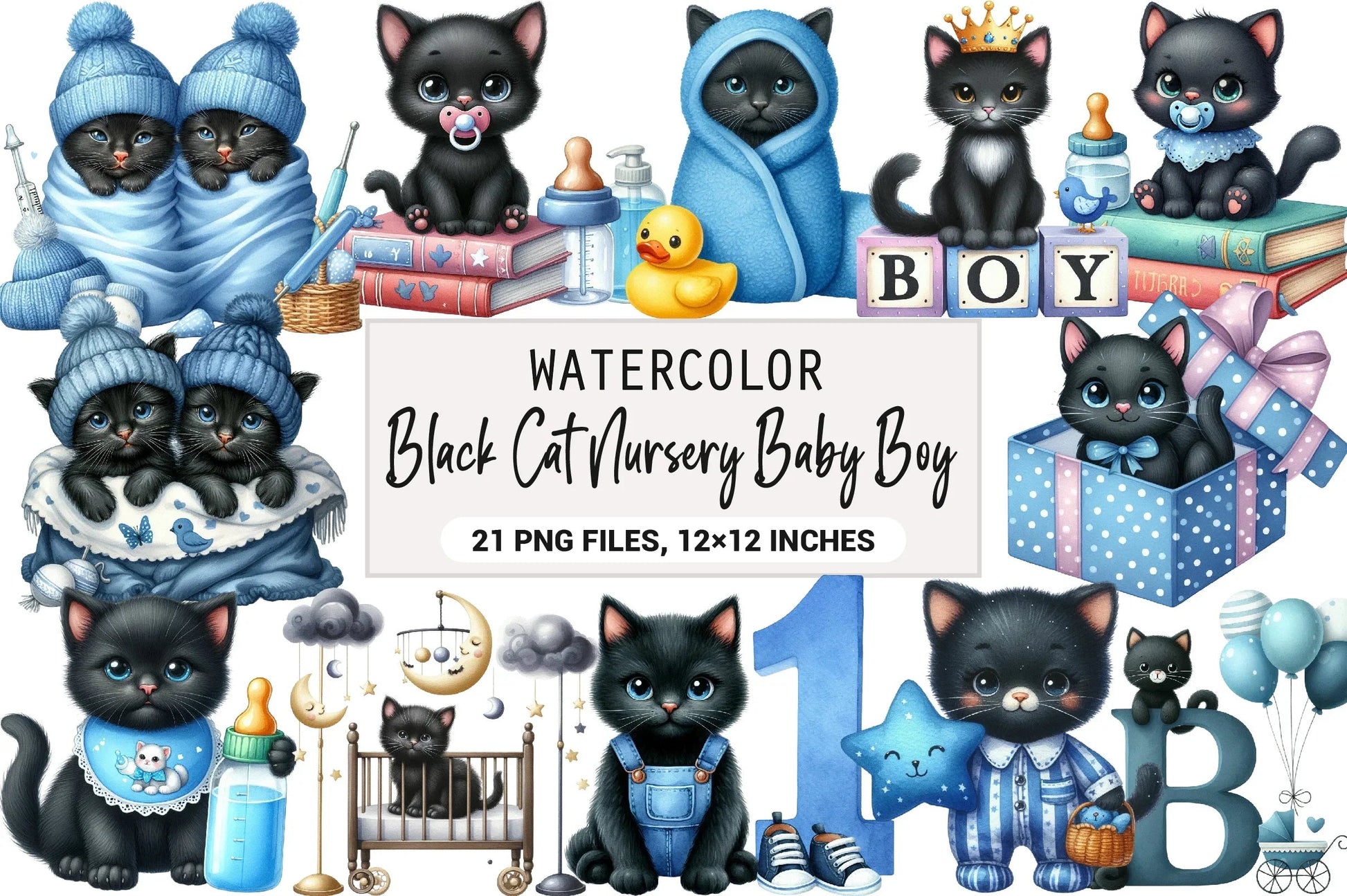 Black Cat Nursery Baby Boy Clipart Bundle - CraftNest - Digital Crafting and Art