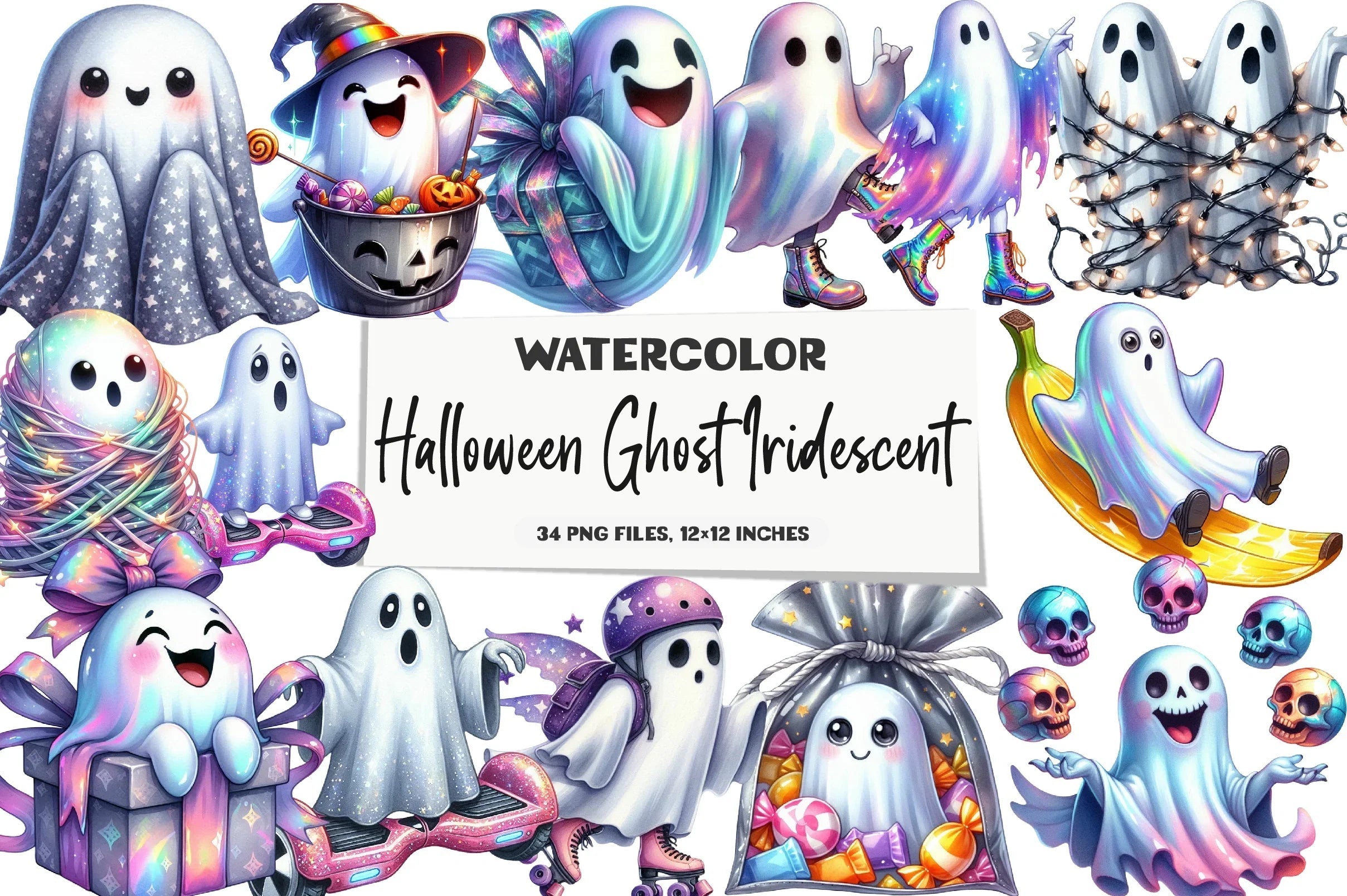 Funny Iridescent Halloween Ghost Clipart Bundle - CraftNest - Digital Crafting and Art