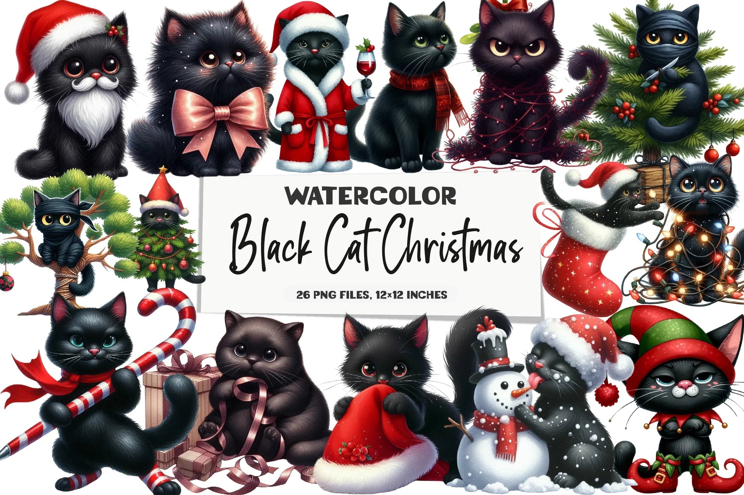 Christmas Black Cat Funny Clipart Bundle - CraftNest - Digital Crafting and Art