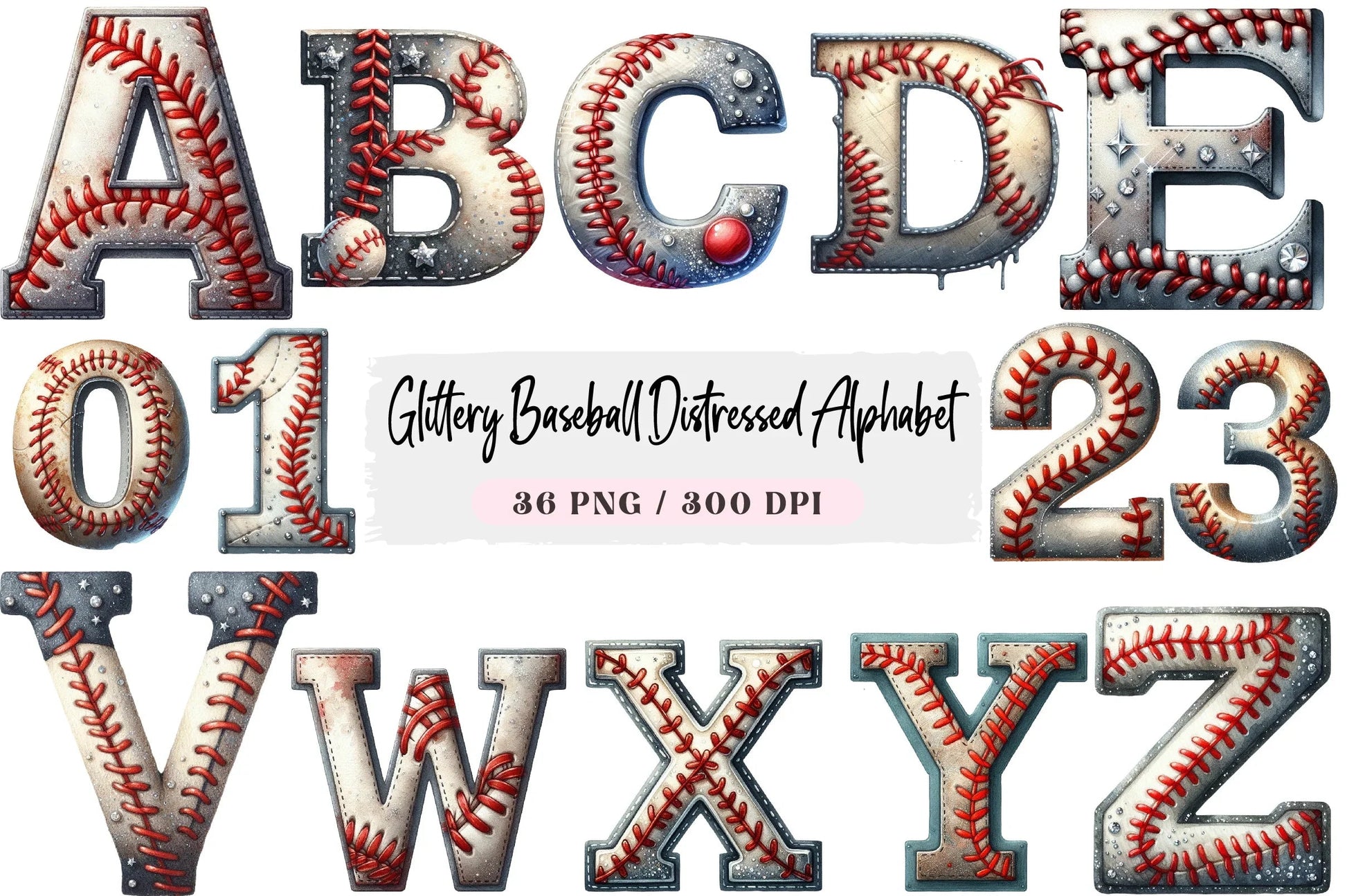Glittery Baseball Distressed Alphabet Clipart Bundle - CraftNest - Digital Crafting and Art